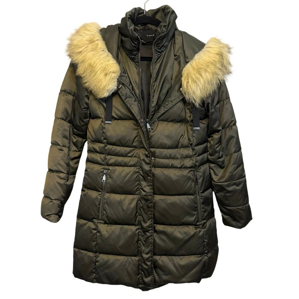 Tahari Long Faux Fur Puffer Hooded Jacket Green XS